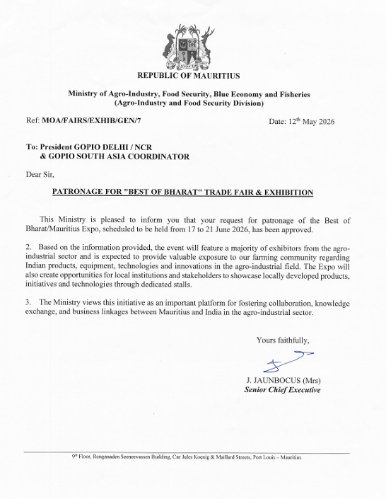 Ministry of Agriculture, Govt. of Mauritius patronage for Best of Bharat/Mauritius Expo